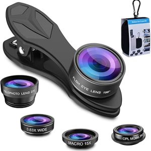 MIAO LAB 5 in 1 Phone Camera Lens Kit -0.63X Wide Angle Lens & 15X Macro Lens+190°Fisheye Lens/CPL + 2X Telephoto Lens Compatible with iPhone Samsung Sony and Most of Smartphone